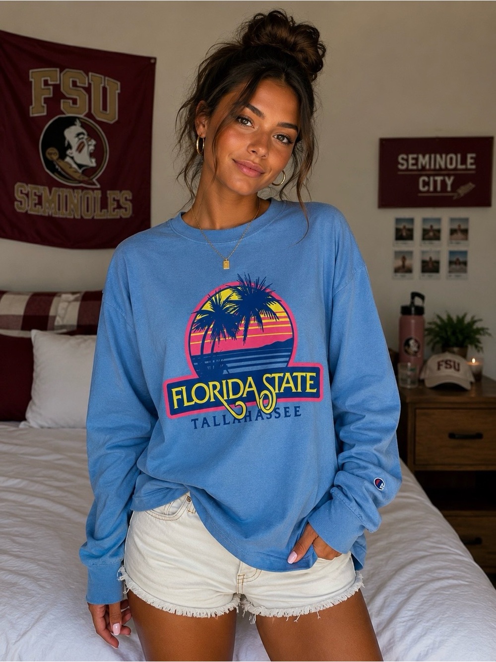 Champion Florida State Seminoles Tallahassee Retro Blue Colors Long Sleeve Tee L